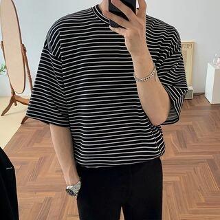 Striped Elbow-Sleeve T-Shirt Black by MRCYC