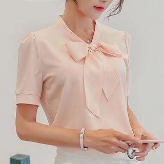 Tie-Neck Short-Sleeve Blouse Pink by Jeonseon