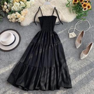 Tie-Shoulder Shirred Tiered Midi A-Line Dress Brick Red by Lucuna