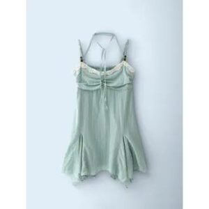 Spaghetti Strap Halter Beaded Panel Lace Mini A-Line Dress Green 282704933