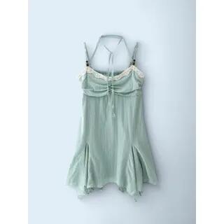 Spaghetti Strap Halter Beaded Panel Lace Mini A-Line Dress Green by Bolgivy
