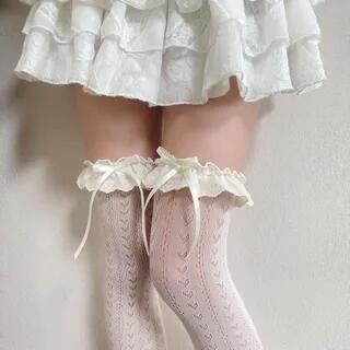 Lace Ruffle Over-The-Knee Socks Almond by Whychunga