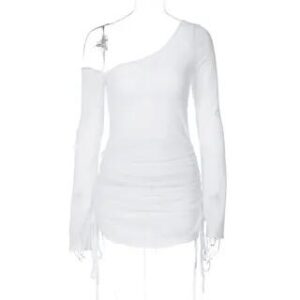 Long Sleeve One Shoulder Plain Drawstring Mini Sheath Dress White 282765385