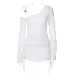 Long Sleeve One Shoulder Plain Drawstring Mini Sheath Dress White by Melon Juice
