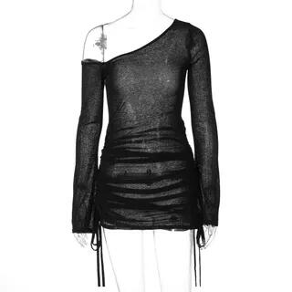 Long Sleeve One Shoulder Plain Drawstring Mini Sheath Dress Black by Melon Juice