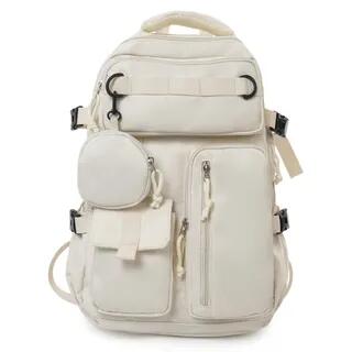 Set: Plain Multi-Pocket Fabric Backpack + Coin Purse White by Hikuozy