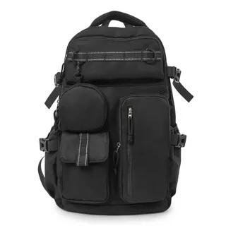 Set: Plain Multi-Pocket Fabric Backpack + Coin Purse Black by Hikuozy