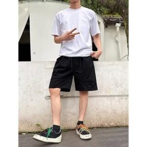 Drawstring Waist Plain Wide Leg Cargo Shorts Black 282765409