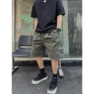 Drawstring Waist Plain Wide Leg Cargo Shorts Green by Savenne