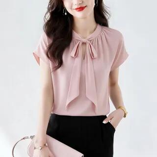 Short-Sleeve Tie-Neck Plain Blouse Pink by Omibayo