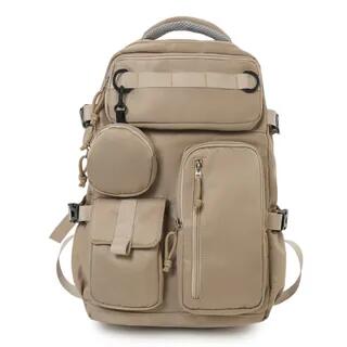 Set: Plain Multi-Pocket Fabric Backpack + Coin Purse Khaki by Hikuozy