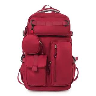 Set: Plain Multi-Pocket Fabric Backpack + Coin Purse Red by Hikuozy