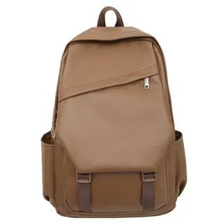 Plain Faux Leather Laptop Backpack Khaki by Hikuozy