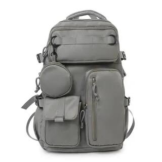 Set: Plain Multi-Pocket Fabric Backpack + Coin Purse Gray by Hikuozy