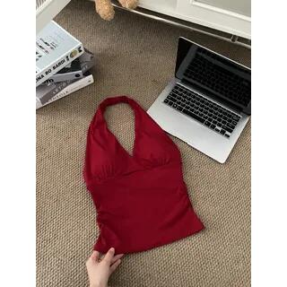 Halter V-Neck Plain Slim-Fit Tank Top Red by Striinkie