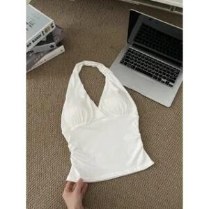 Halter V-Neck Plain Slim-Fit Tank Top White 282832953