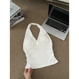 Halter V-Neck Plain Slim-Fit Tank Top White by Striinkie
