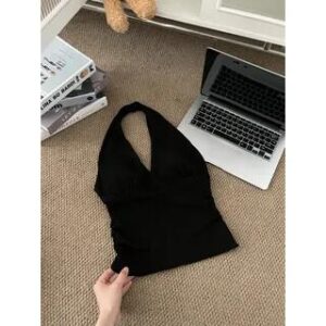 Halter V-Neck Plain Slim-Fit Tank Top Black 282832955