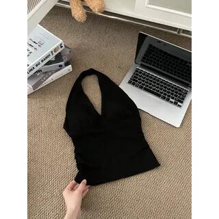 Halter V-Neck Plain Slim-Fit Tank Top Black by Striinkie