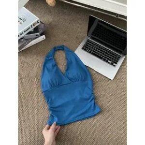 Halter V-Neck Plain Slim-Fit Tank Top Blue 282832957