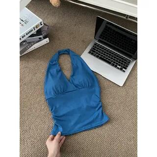 Halter V-Neck Plain Slim-Fit Tank Top Blue by Striinkie