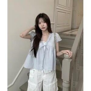 Mock Two-Piece Short-Sleeve V-Neck Frill Trim Striped Blouse Light Blue 282837896
