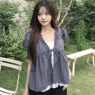 Mock Two-Piece Short-Sleeve V-Neck Frill Trim Striped Blouse Dark Blue by Bigfol