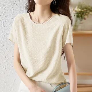 Short-Sleeve Round Neck Plain Blouse Beige Almond by Jeonseon