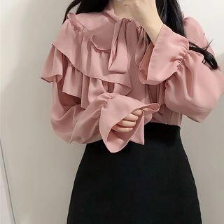 Ruffle Chiffon Blouse Pink by Leoom