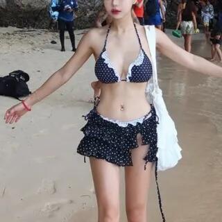 Set: Halter Dotted Lace Trim Bikini Top + Bottom + Cover Up Skirt Black by CUCURBIT