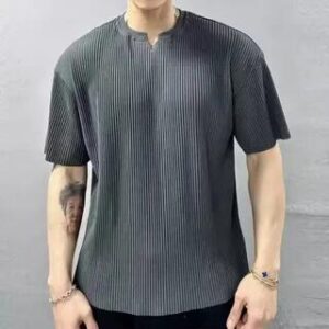 Elbow-Sleeve Notch Neck Plain Ribbed T-Shirt T133 - Gray 282917642