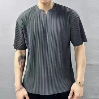 Elbow-Sleeve Notch Neck Plain Ribbed T-Shirt T133 - Gray by GRAYCIOUS