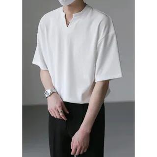 Elbow-Sleeve Notch Neck Plain Ribbed T-Shirt T133 - White by GRAYCIOUS