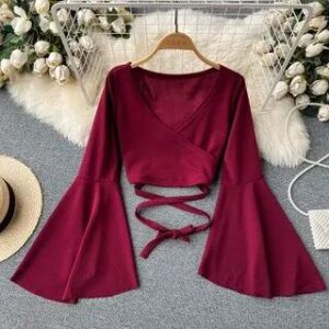 Bell-Sleeve V-Neck Tie-Waist Plain Crop Top Wine Red 282944362