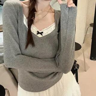 Long Sleeve Square-Neck Lace-Trim Accent Slim-Fit Top Gray by Rosesand