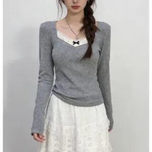 Long Sleeve Square-Neck Lace-Trim Accent Slim-Fit Top Black 282944369
