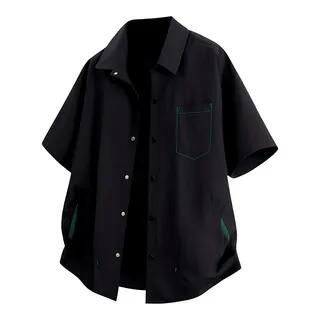 Short-Sleeve Plain Button-Up Shirt Black by Sheck