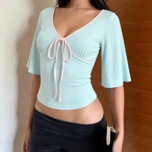 Aqua Tie Front Short Sleeve Top