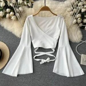 Bell-Sleeve V-Neck Tie-Waist Plain Crop Top White 282944485