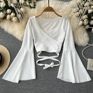 Bell-Sleeve V-Neck Tie-Waist Plain Crop Top White by Lucuna