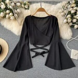 Bell-Sleeve V-Neck Tie-Waist Plain Crop Top Black 282944486
