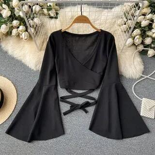 Bell-Sleeve V-Neck Tie-Waist Plain Crop Top Black by Lucuna