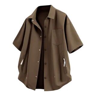 Short-Sleeve Plain Button-Up Shirt Coffee by Sheck