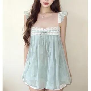 Lace Panel Tie-Front Sheer Camisole Top Green by Sosana