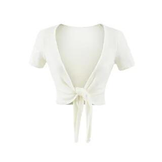 Short-Sleeve V-Neck Plain Tie Waist Crop Top White by Ulark