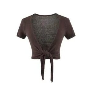 Short-Sleeve V-Neck Plain Tie Waist Crop Top Coffee 282989569