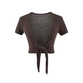 Short-Sleeve V-Neck Plain Tie Waist Crop Top Coffee by Ulark