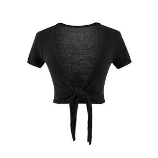 Short-Sleeve V-Neck Plain Tie Waist Crop Top Black by Ulark