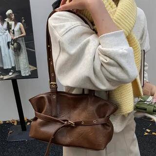 Belted Faux Leather Shoulder Bag Brown by Skyglow