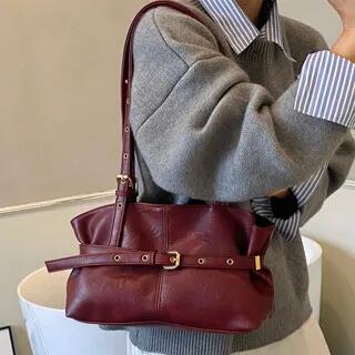 Belted Faux Leather Shoulder Bag Wine Red by Skyglow
